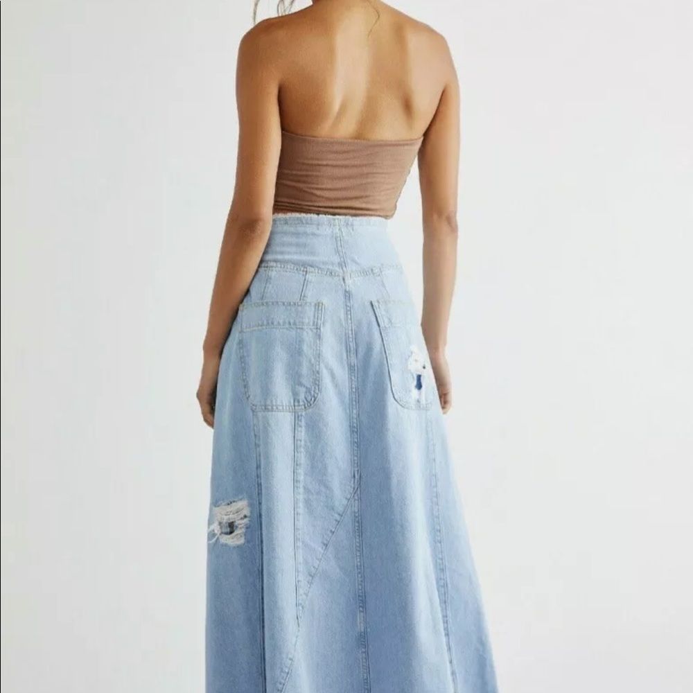 Free People riptide Denim Maxi Midi Skirt Plaid Patched Destroyed Distre… - Picture 2 of 6
